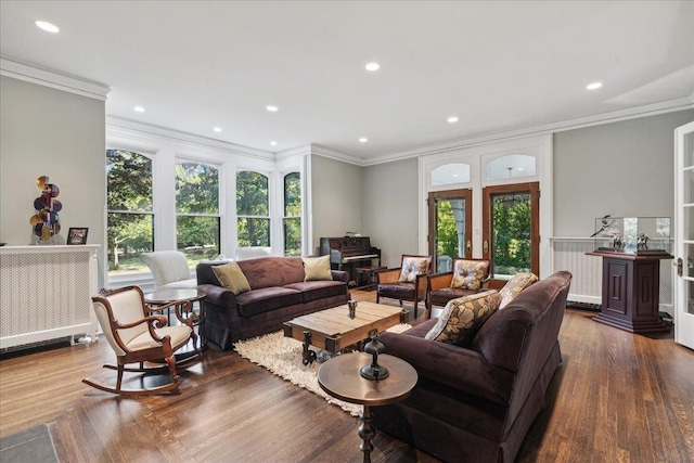 living room featuring wood-type flooring, a wealth of natural light, and crown molding