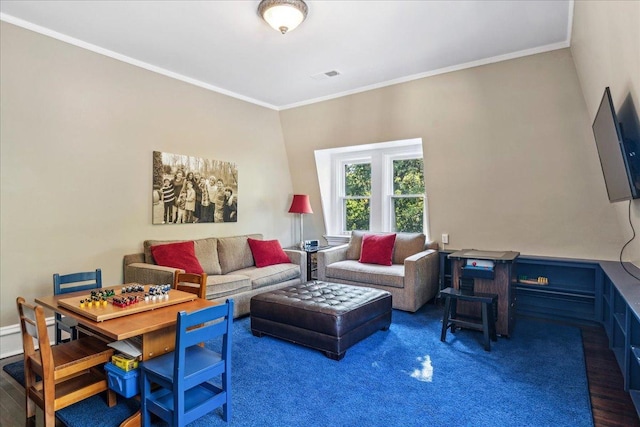 living room with hardwood / wood-style floors and ornamental molding