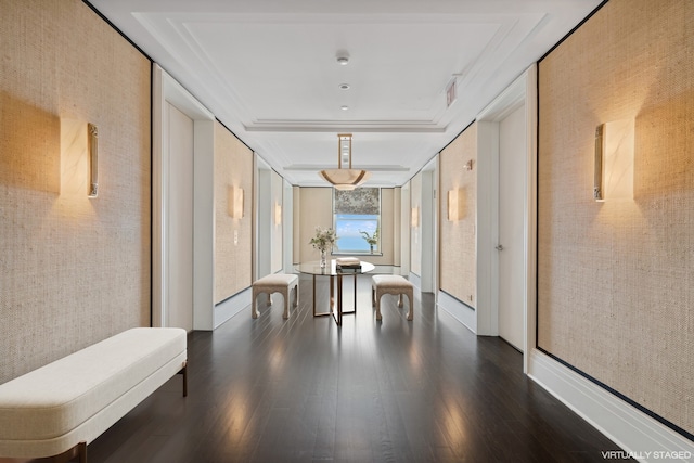 hallway with dark wood-type flooring and a tray ceiling