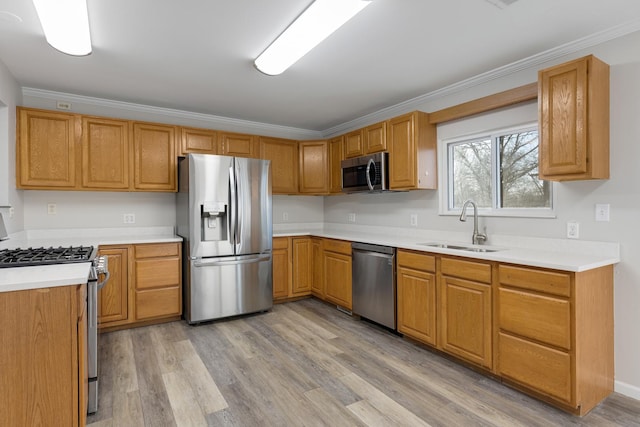 kitchen featuring light wood-type flooring, sink, appliances with stainless steel finishes, and ornamental molding