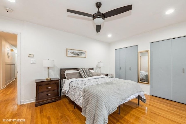 415 S Maple Ave Unit 202, Oak Park, IL 60302 - bedroom featuring multiple closets, light wood-style flooring, recessed lighting, a ceiling fan, and baseboards