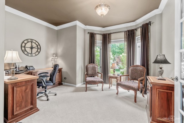 home office with light colored carpet and ornamental molding