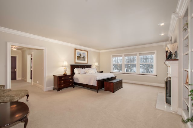 bedroom featuring light colored carpet and ornamental molding