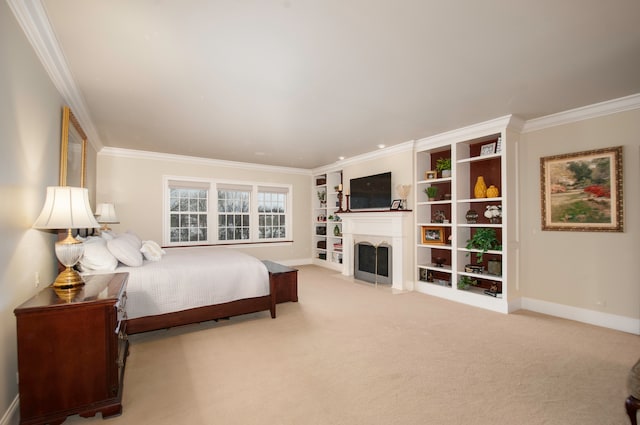 bedroom with crown molding and light colored carpet