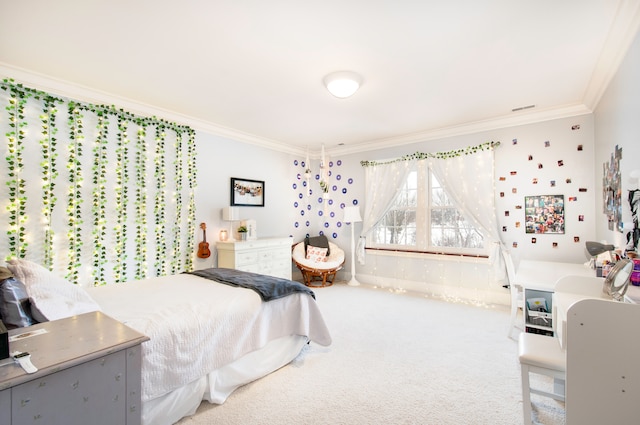 carpeted bedroom featuring crown molding