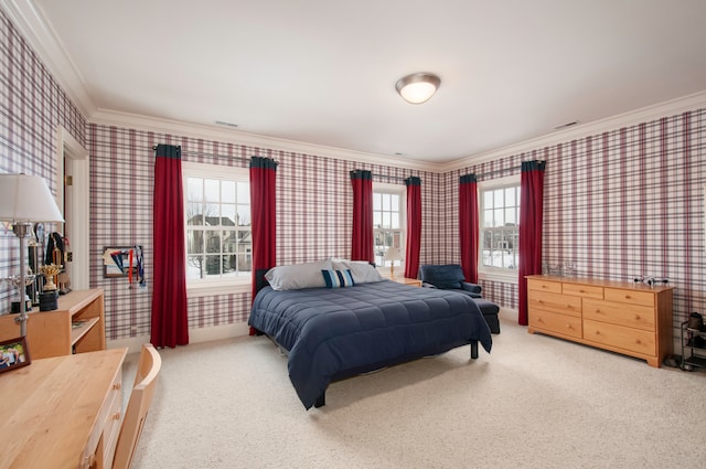 carpeted bedroom featuring multiple windows and ornamental molding