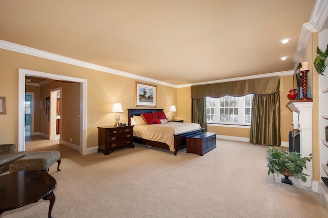 bedroom with light carpet and ornamental molding