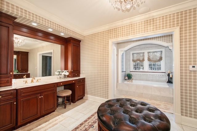 bathroom with tile patterned floors, vanity, crown molding, tiled tub, and a chandelier