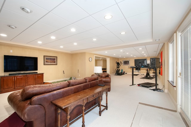 living room featuring light carpet