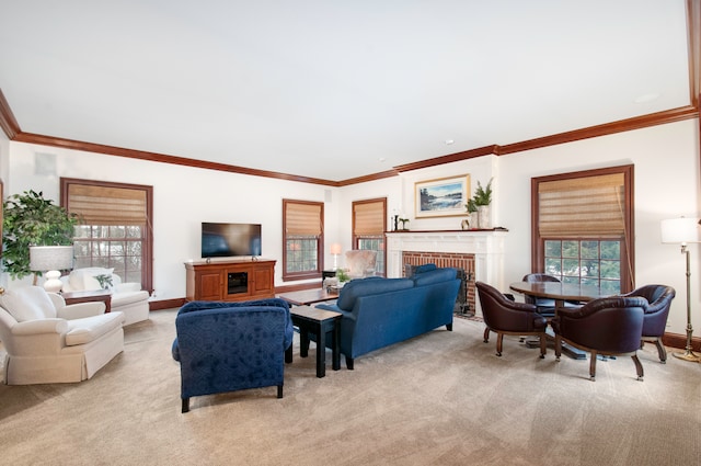 carpeted living room with a wealth of natural light, crown molding, and a brick fireplace