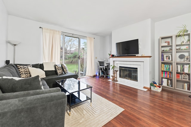 living room with a fireplace and hardwood / wood-style floors