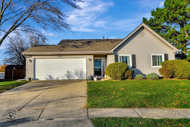 ranch-style house with a front lawn and a garage