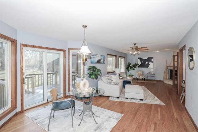 dining area with hardwood / wood-style flooring and ceiling fan