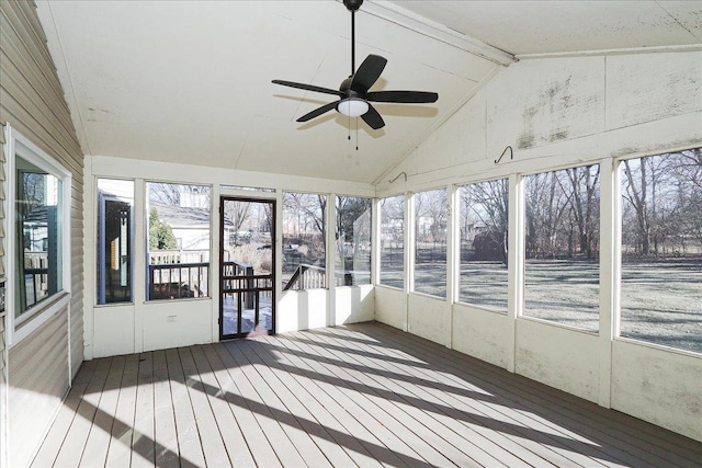 unfurnished sunroom with ceiling fan and lofted ceiling with beams