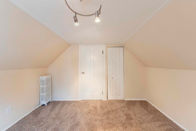 bonus room featuring carpet, radiator, and vaulted ceiling