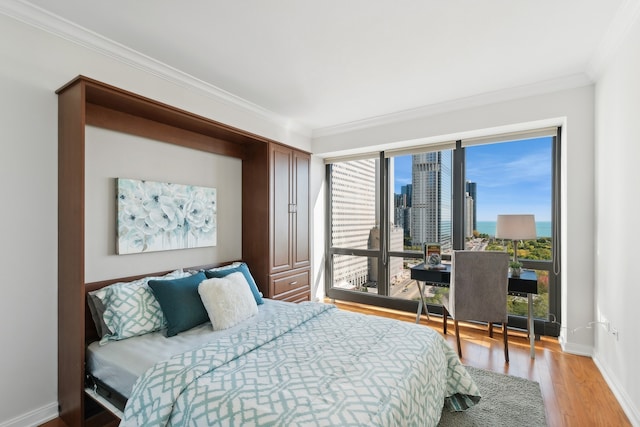 bedroom featuring light hardwood / wood-style flooring and ornamental molding