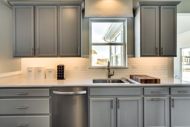 kitchen with gray cabinets, dishwasher, plenty of natural light, and sink