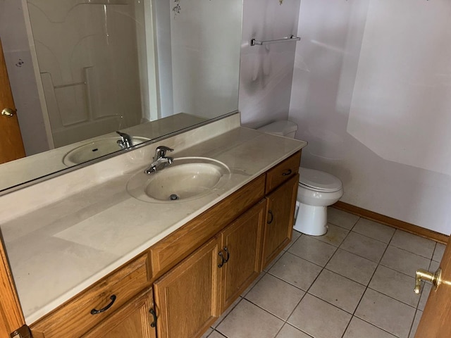 bathroom with tile patterned flooring, vanity, toilet, and a shower