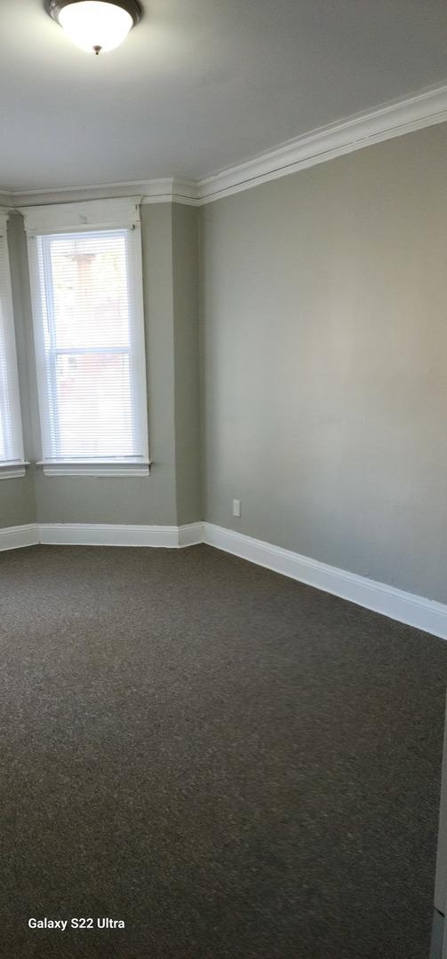 8350 S Muskegon Ave, Chicago, IL 60617 - unfurnished room with crown molding, baseboards, and dark colored carpet