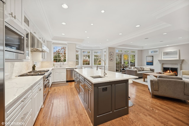 kitchen featuring appliances with stainless steel finishes, sink, a center island with sink, light hardwood / wood-style flooring, and white cabinets