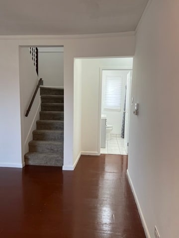 interior space featuring dark hardwood / wood-style floors and crown molding