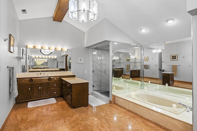 bathroom featuring vanity, beam ceiling, high vaulted ceiling, independent shower and bath, and a notable chandelier