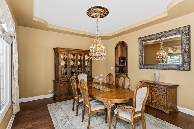 dining room featuring a tray ceiling, dark hardwood / wood-style floors, and a healthy amount of sunlight