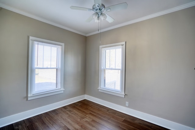 unfurnished room with hardwood / wood-style flooring, plenty of natural light, ornamental molding, and ceiling fan