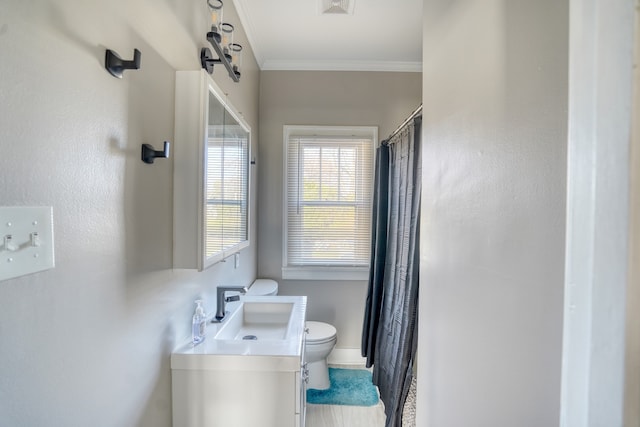 bathroom featuring walk in shower, toilet, vanity, and ornamental molding