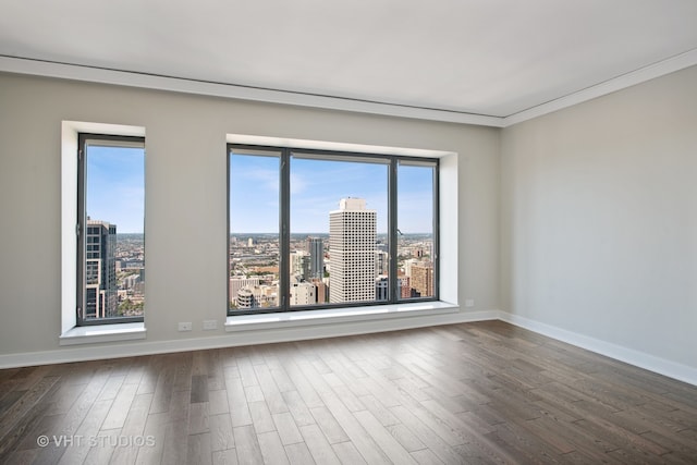 spare room featuring dark hardwood / wood-style floors, a wealth of natural light, and crown molding