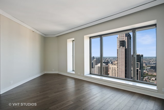 empty room featuring plenty of natural light, dark hardwood / wood-style floors, and ornamental molding