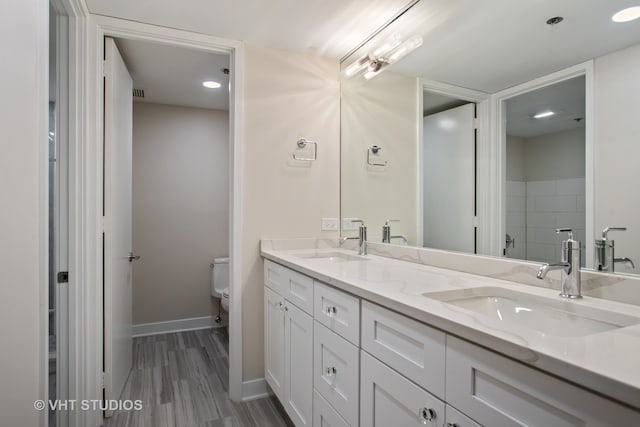 bathroom featuring a shower, vanity, and toilet