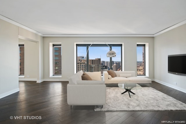 living room with dark hardwood / wood-style flooring, a healthy amount of sunlight, and ornamental molding