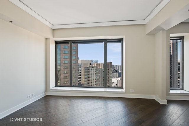 spare room with dark hardwood / wood-style floors and crown molding