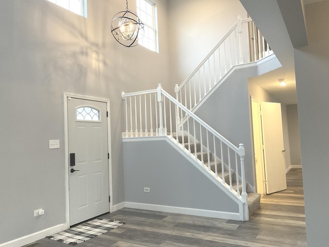 foyer featuring a high ceiling, dark hardwood / wood-style flooring, and a wealth of natural light