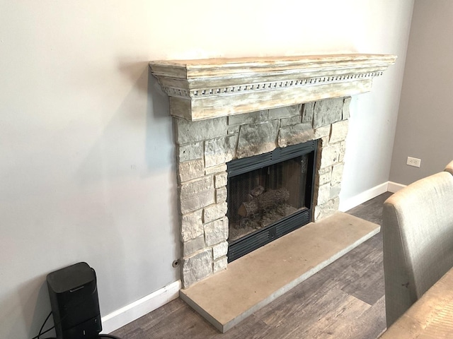 interior details featuring a stone fireplace and wood-type flooring