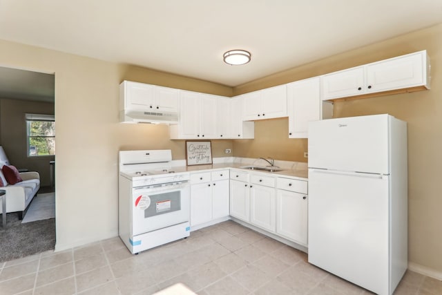 kitchen with white cabinetry, sink, light tile patterned flooring, and white appliances