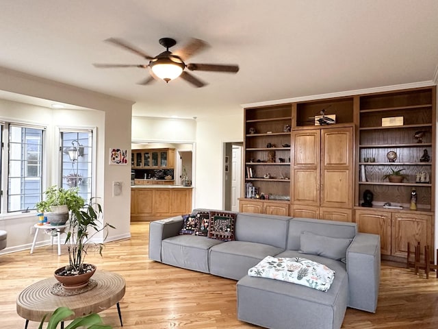 living room featuring ceiling fan and light wood-type flooring