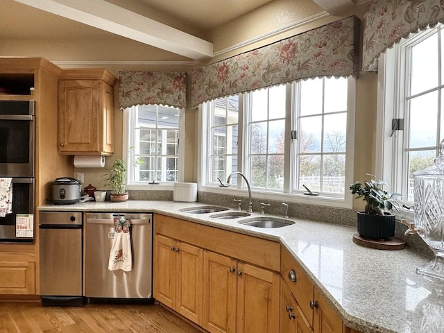 kitchen with a healthy amount of sunlight, sink, stainless steel appliances, and light hardwood / wood-style flooring