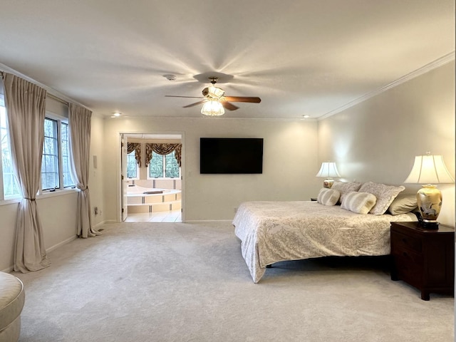 bedroom with light carpet, ceiling fan, and ornamental molding