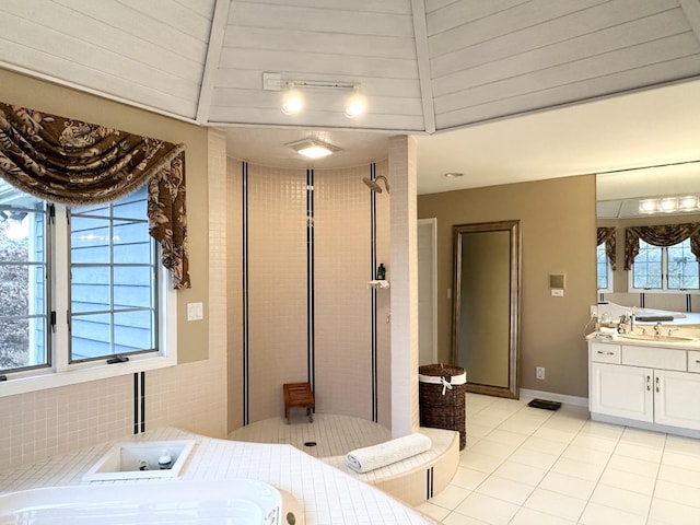 tiled bedroom with vaulted ceiling with beams, wood ceiling, and sink