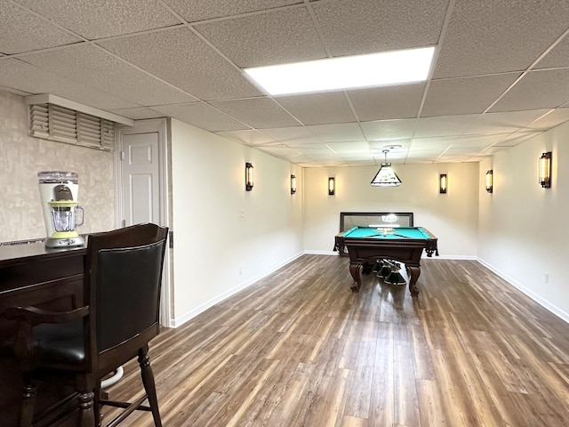 playroom featuring wood-type flooring, a paneled ceiling, and billiards