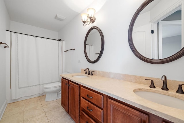 full bathroom with tile patterned flooring, a notable chandelier, toilet, vanity, and shower / tub combo