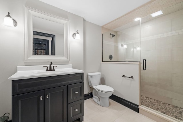 bathroom with tile patterned floors, vanity, toilet, and walk in shower