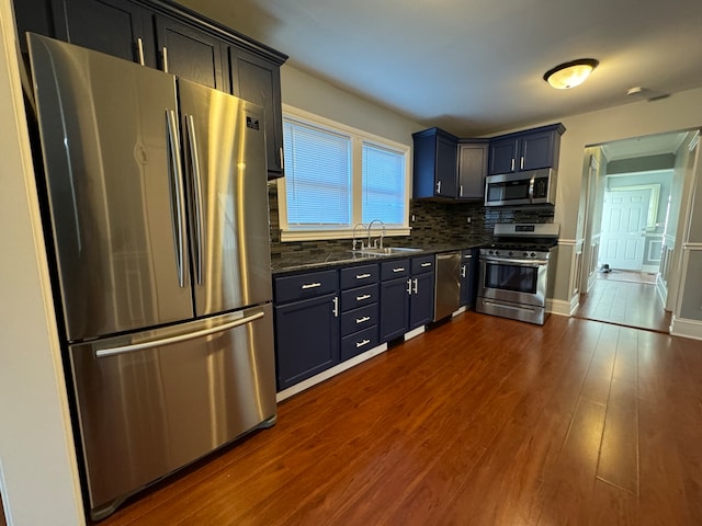 kitchen with dark wood-type flooring, dark stone counters, sink, appliances with stainless steel finishes, and tasteful backsplash