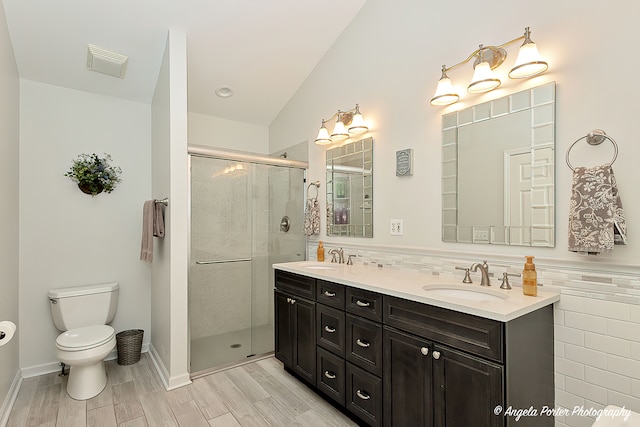 bathroom featuring wood-type flooring, vanity, vaulted ceiling, and a shower with door