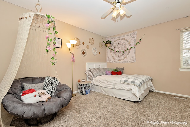 bedroom featuring carpet floors and ceiling fan