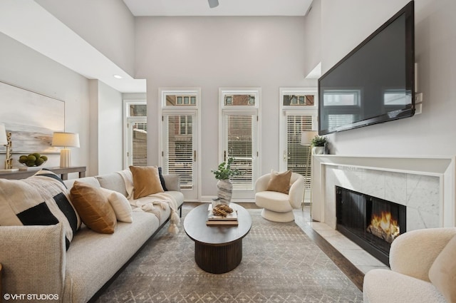 living room with a fireplace and light wood finished floors