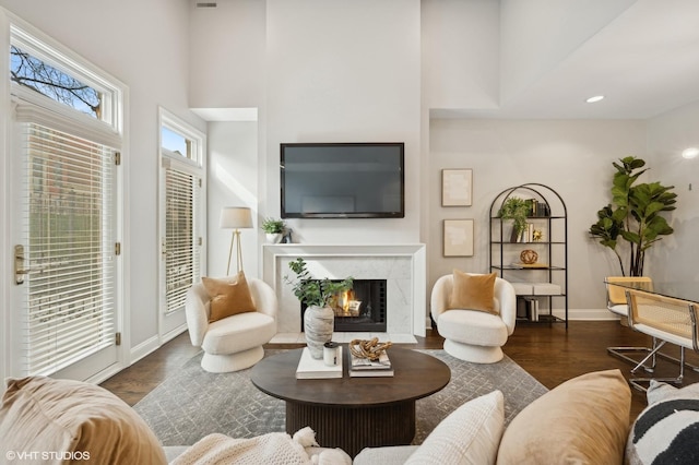 living room with a premium fireplace, baseboards, and dark wood-style floors