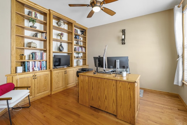 office area with ceiling fan and light hardwood / wood-style flooring